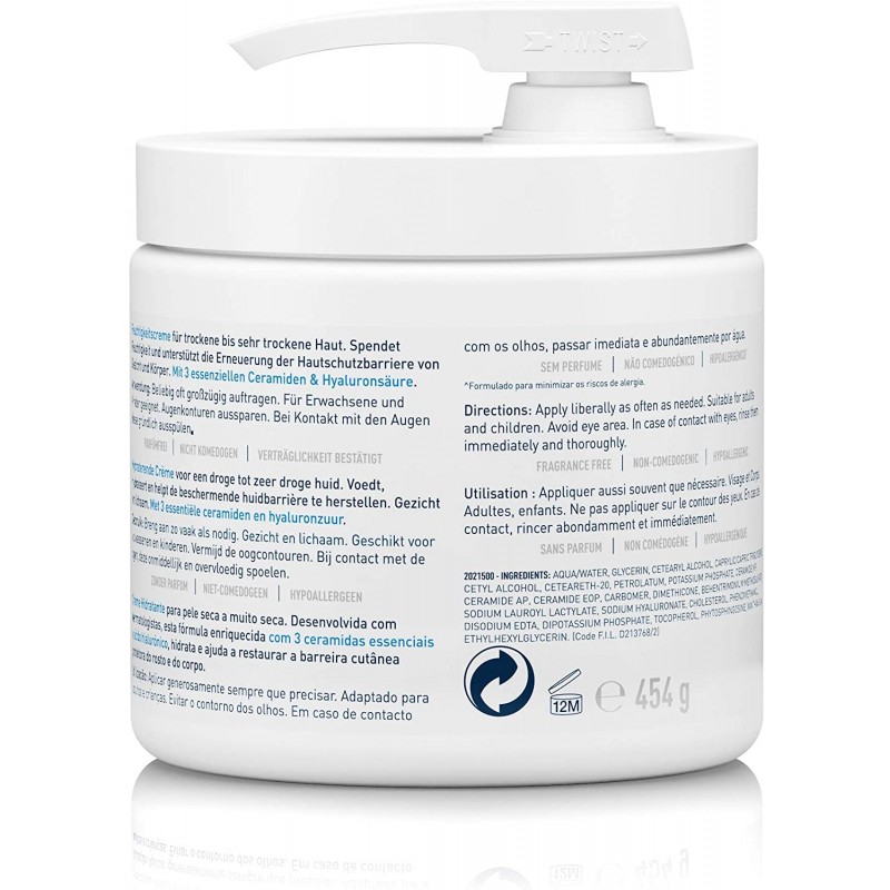 Cerave crema hidratante piel seca y muy seca con dosificador 454g-Farmacia Olmos