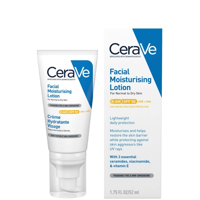 Cerave locion hidratante facial piel normal a seca spf50 52ml - Farmacia Olmos.