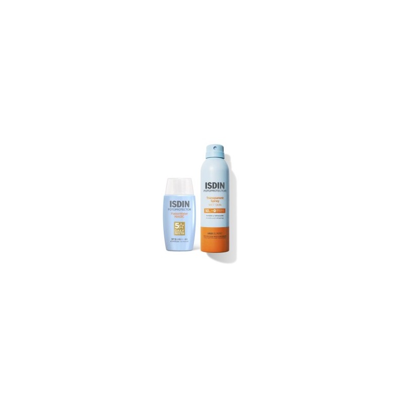 Isdin fotopretector pack fusion water magic 50ml + transparent spray 250ml - Farmacia Olmos.